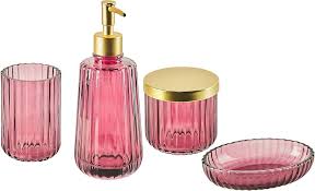 Glammigt Badrumstillbehör Set i Rosa Glas - 4 Delar