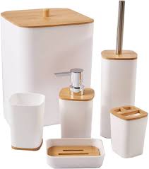 Bambu Badrumstillbehör Set – 6 Delar i Vitt
