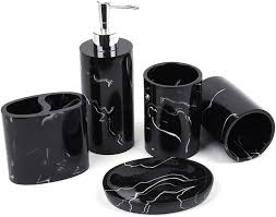 Premium 5-delars Svart Badrumstillbehör Set i Matt/Marmor